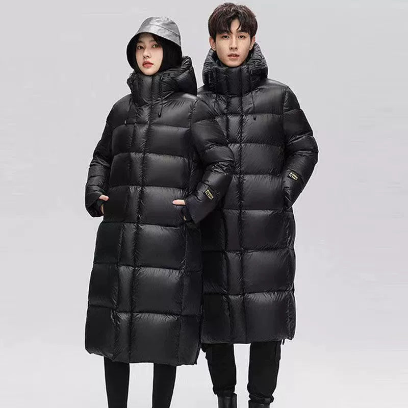 Black Gold Down jacket Men's and Women's Thickened Long New Winter Warm over the Knee Hood White Goose Down Couple Outerwear Trend