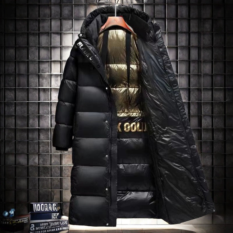 Black Gold Down jacket Men's and Women's Thickened Long New Winter Warm over the Knee Hood White Goose Down Couple Outerwear Trend