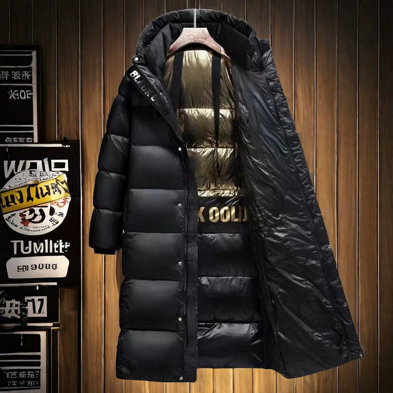 Black Gold Down jacket Men's and Women's Thickened Long New Winter Warm over the Knee Hood White Goose Down Couple Outerwear Trend