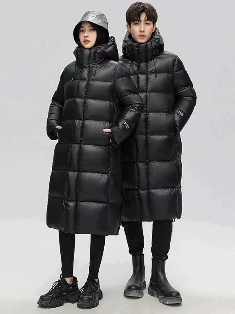 Black Gold Down jacket Men's and Women's Thickened Long New Winter Warm over the Knee Hood White Goose Down Couple Outerwear Trend