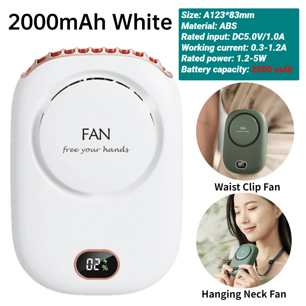 Mini Digital Display Hanging Neck Fan Portable USB Rechargeable 3 Speed Mute Personal Fan Waist Clip on Fan Summer Air Cooler