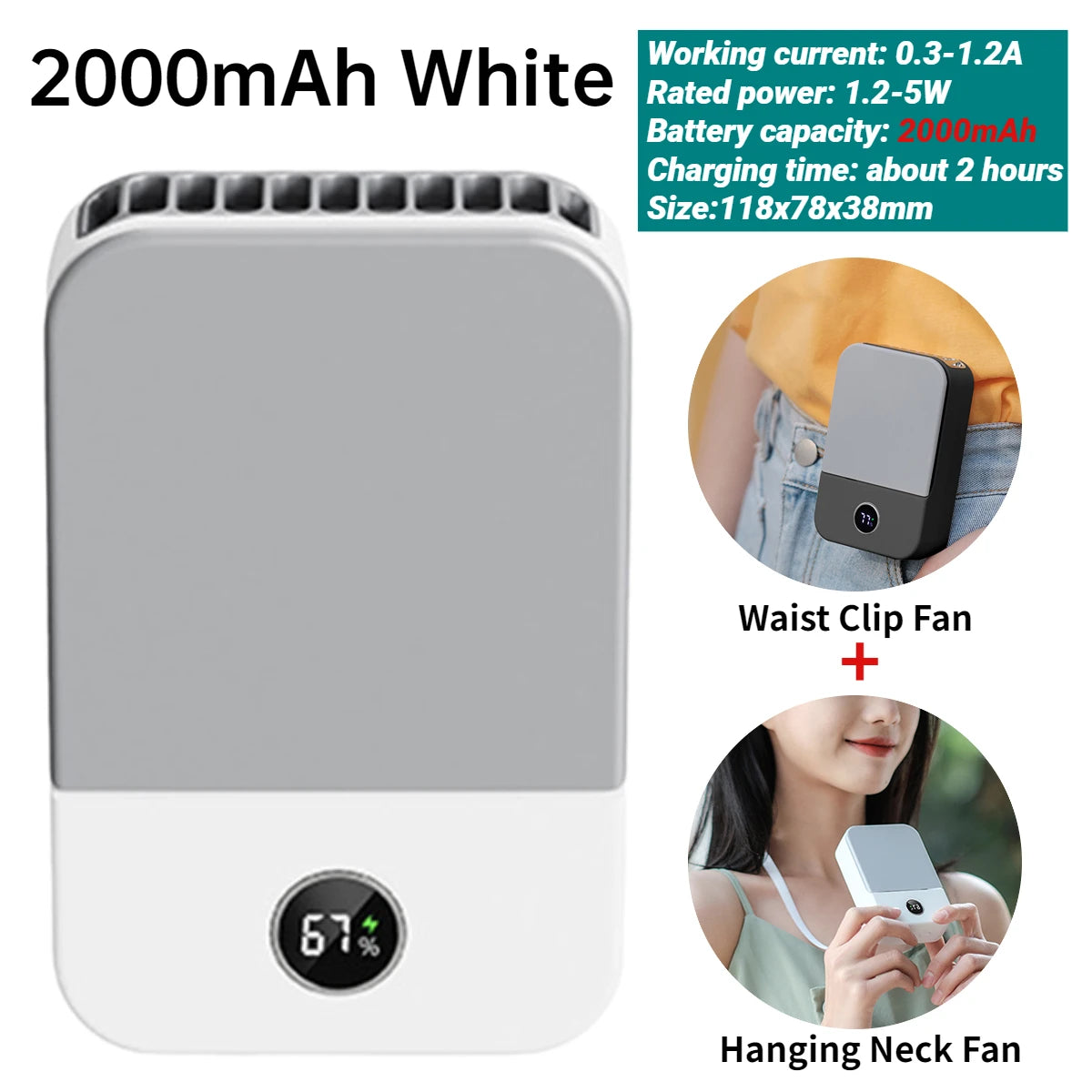 Mini Digital Display Hanging Neck Fan Portable USB Rechargeable 3 Speed Mute Personal Fan Waist Clip on Fan Summer Air Cooler