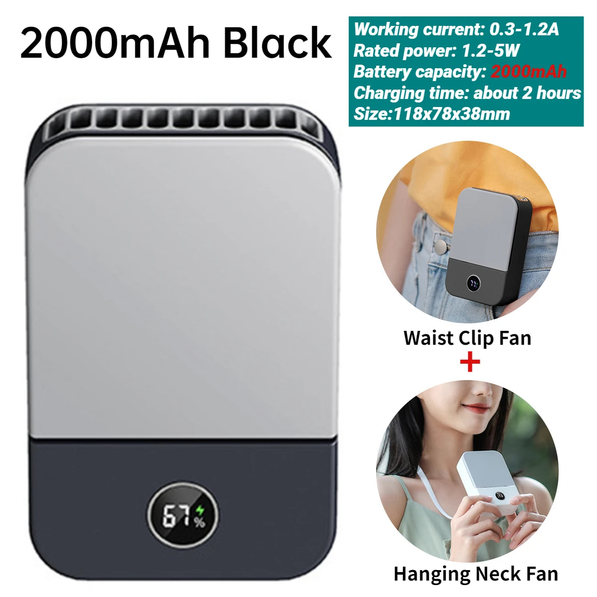 Mini Digital Display Hanging Neck Fan Portable USB Rechargeable 3 Speed Mute Personal Fan Waist Clip on Fan Summer Air Cooler