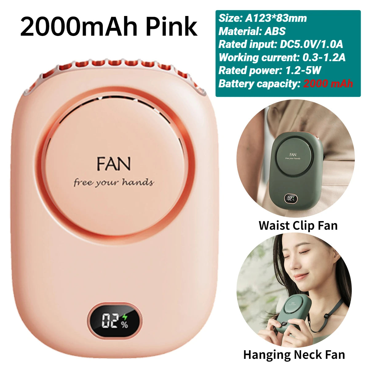 Mini Digital Display Hanging Neck Fan Portable USB Rechargeable 3 Speed Mute Personal Fan Waist Clip on Fan Summer Air Cooler